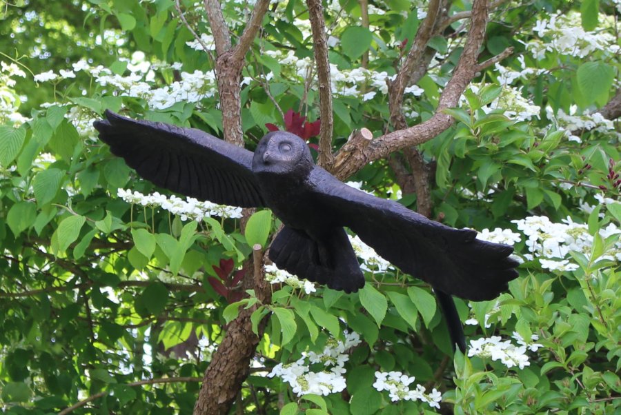 A bronze sculpture of a flying owl